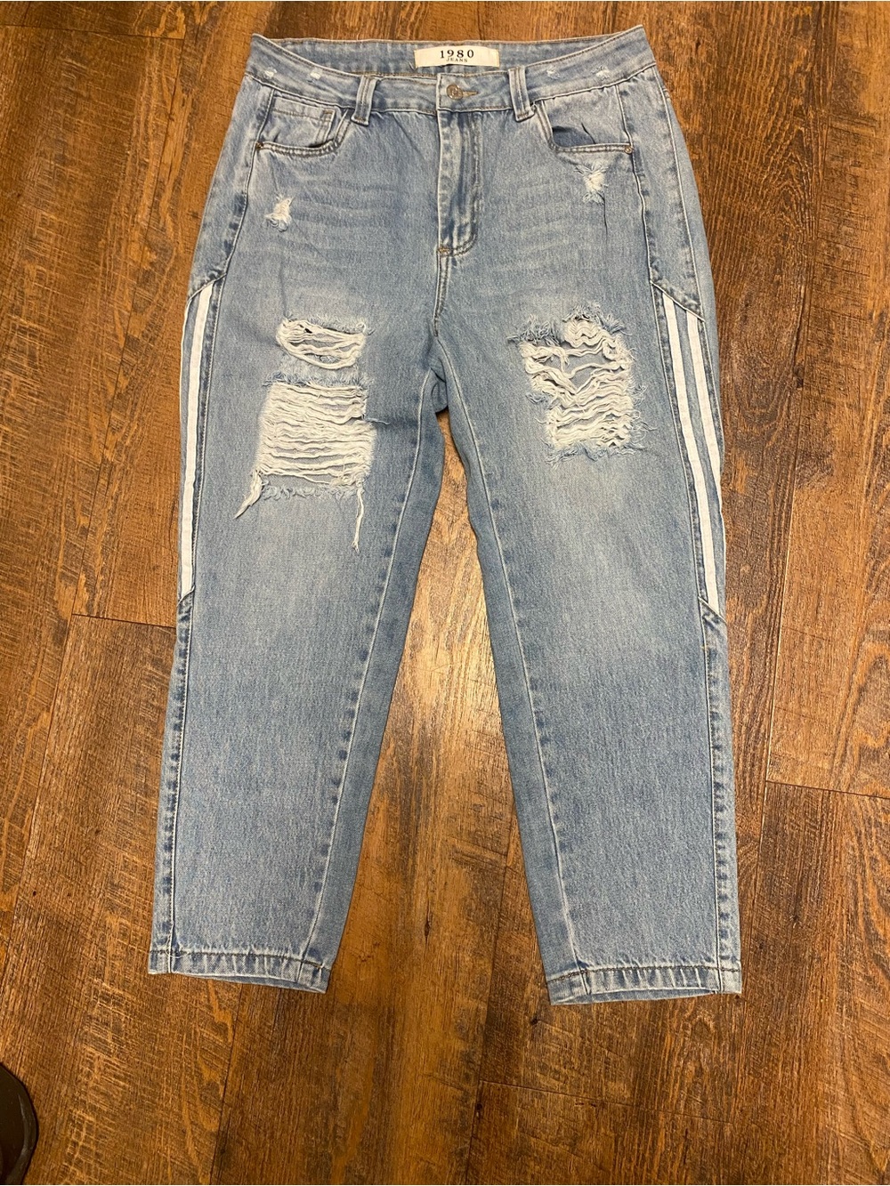 Women’s 1980 Light Blue Distressed Jeans 90s y2k style stripes wide leg size 13